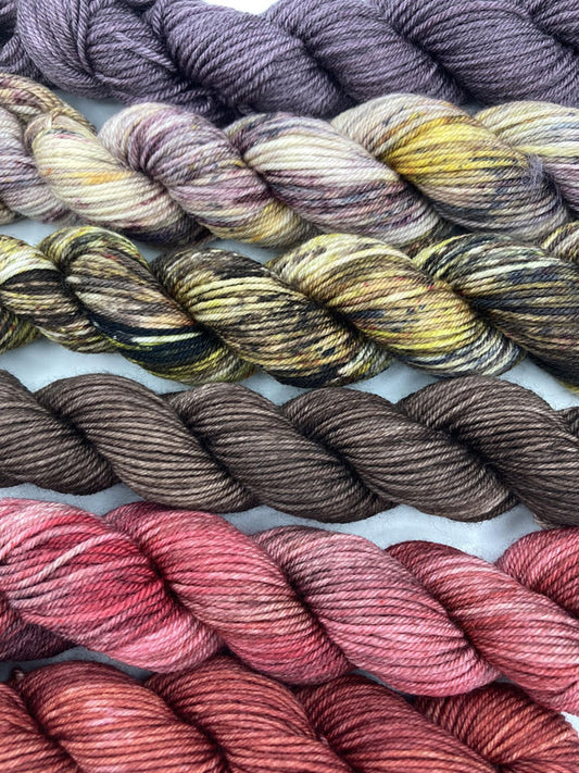 Closeup of "Fall" Seasons Mini Skein silk blend yarn set