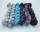 Winter mini skein silk blend yarn set, 6 skeins varying from gray to blue to purple